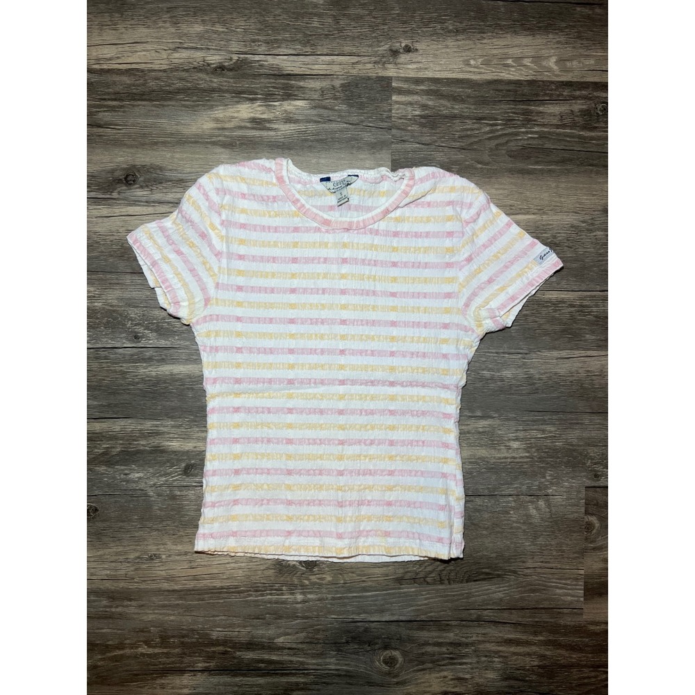 Vintage Y2K Guess Jeans Textured Baby Tee Size Small Pink/Yellow Stripe Stretchy